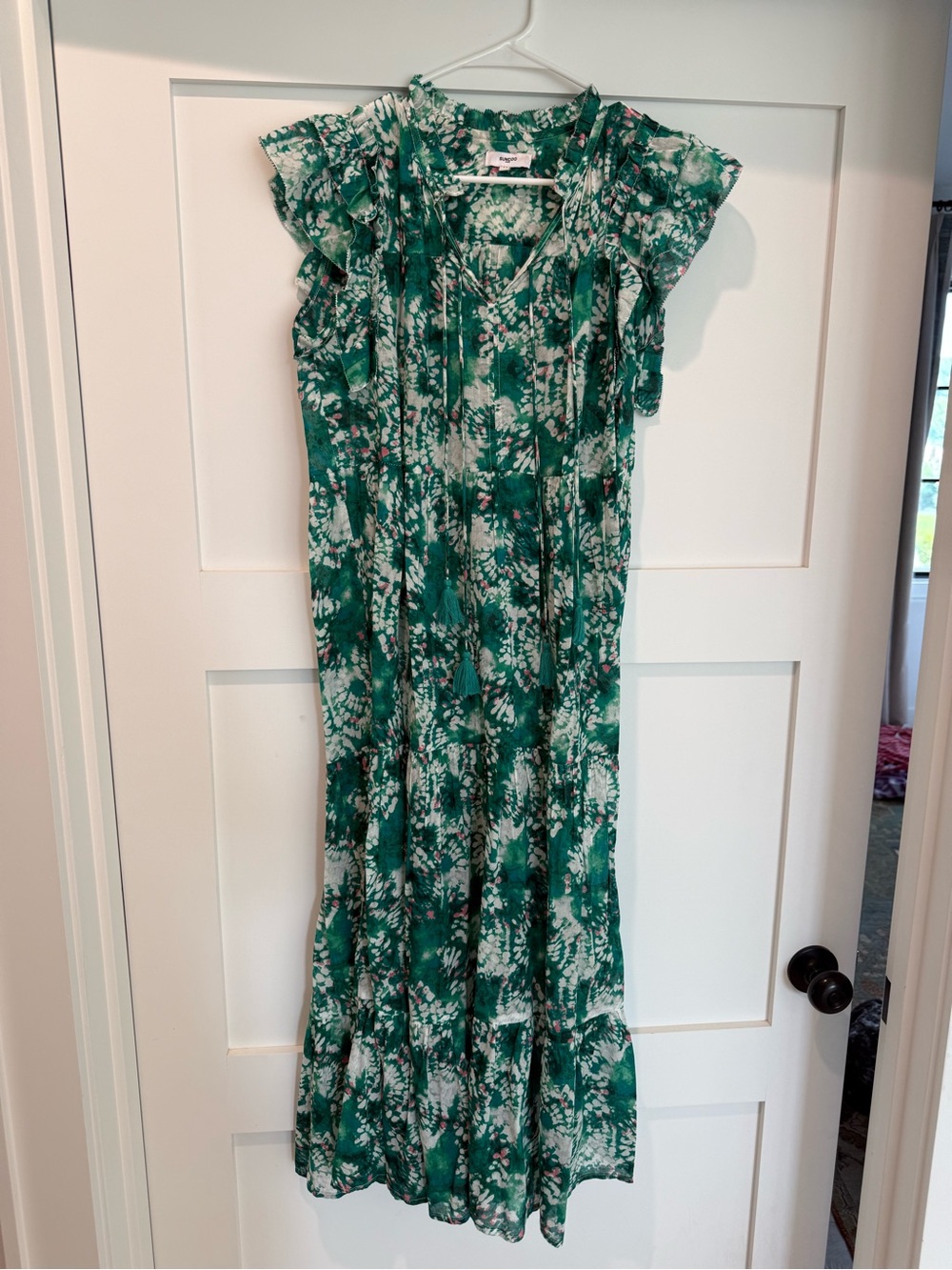 Suncoo Paris Caya Dress Long Green Floral Ruffle Dress